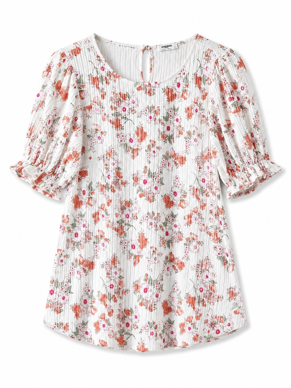zeagoo White Floral Pintuck Short Sleeve Blouse